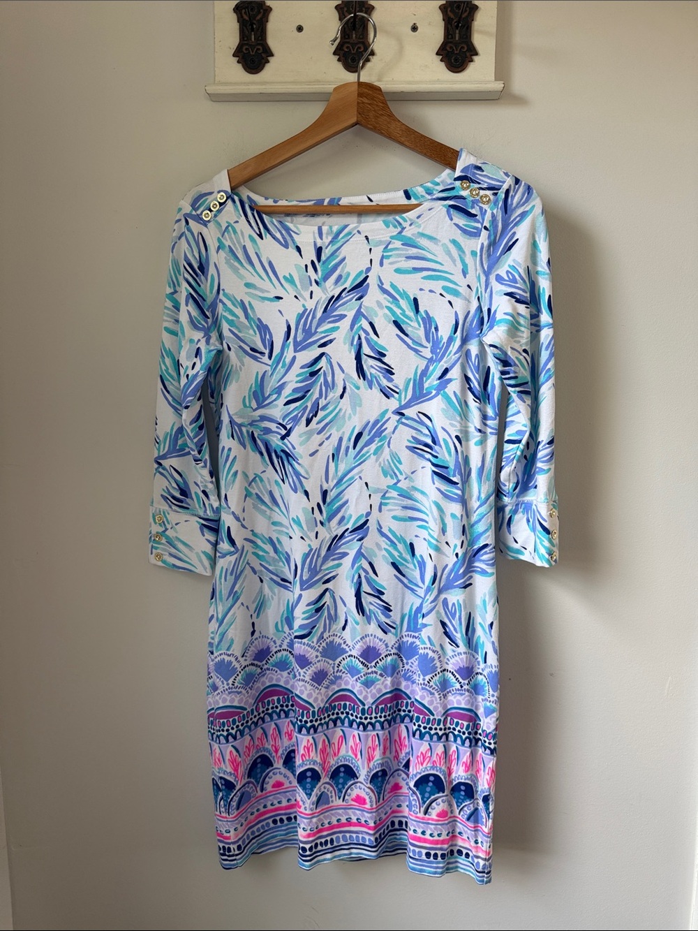 Lilly Pulitzer Blue, Teal & Pink Printed Boatneck Long Sleeve Dress
